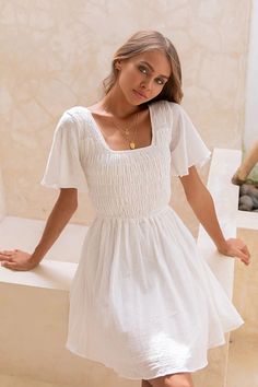 We're living the cottagecore dream this summer with the Days By The River Dress White! Style this little white dress with block heels and gold jewellery! White Skater Dresses, Sorority Rush Dresses, Bow Tie Dress, Bachelorette Dress, Casual Bodysuit, Little White Dress, Rush Dresses, Floaty Dress, Linen Mini Dress