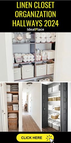 an open closet with baskets and linens on the shelves next to it is text that reads, linen closet organization hallways 2021 real place click here