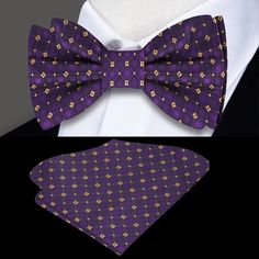 Radiant Royalty: The Purple and Gold Geometric Silk Bow Tie Step into the world of regal elegance with our Purple and Gold Geometric Silk Bow Tie. A true masterpiece, this bow tie boasts a captivating geometric pattern that effortlessly marries the richness of purple with the opulence of gold. Whether you choose the self-tie or pre-tied option, this accessory is a statement piece that will elevate your style to royal heights. Let's explore the details that make this bow tie a crown jewel in the Elegant Purple Bow Tie For Party, Elegant Fitted Multicolor Bow Tie, Elegant Multicolor Bow Tie, Gold Bow Tie, Gold Geometric Pattern, Types Of Bows, Tie Matching, Regal Elegance, Silk Bow Ties