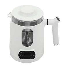 a white electric kettle with a handle on it