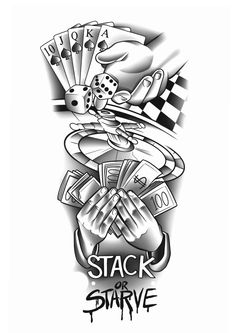 a black and white drawing of a stack of cards on top of a checkerboard