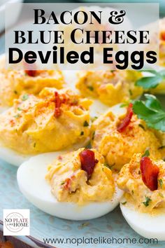 bacon and blue cheese deviled eggs on a plate