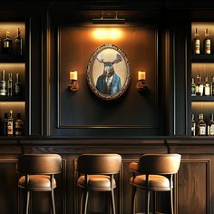 three bar stools in front of a painting on the wall