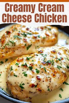 creamy cream cheese chicken in a skillet with parsley on the side and text overlay