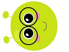 a green cartoon face with two black eyes and one pink eyeball in the center