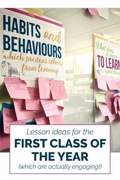 a bulletin board with post it notes on it and the words, lesson ideas for the first class of the year which are actually engaging