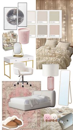 a collage of pink and grey bedroom decor, including bedding, pillows, rugs, lamps, mirror, lamp shades