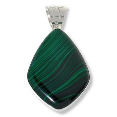 Jay King Sterling Silver Malachite Pendant  This simple, sterling silver pendant highlights the beautiful, banded colors of gorgeous, green South African malachite. Wear it on a favorite chain or beaded necklace for chic, sophisticated looks any time. From Jay King        Pendant approx. 2-5/16"L x 1-5/16"W     Stamped .925     Sterling silver pendant has bezel-set, freeform kite-shaped green malachite stone     Cut-out design on finished reverse     Wide, tapered bail   Stone Information Round Malachite Fine Jewelry, Fine Jewelry Malachite Round Jewelry, Fine Jewelry With Round Malachite, Green Polished Pendant Necklace, Green Polished Sterling Silver Gemstones, Green Malachite Cabochon Jewelry, Green Sterling Silver Pendant Jewelry, Round Malachite Gemstone Bead Jewelry, Green Pendant Necklace With Polished Finish