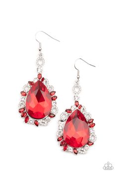 Featuring round, teardrop, and oval shapes, red and white rhinestone encrusted filigree borders a dramatically oversized red rhinestone teardrop for a jaw-dropping dazzle. Earring attaches to a standard fishhook fitting. Sold as one pair of earrings. Red Rhinestone Earrings, Rose Gold Frame, Twisted Metal, Vintage Display, Beaded Wraps, Teardrop Beads, Paparazzi Accessories, Red Earrings, Blue Gems