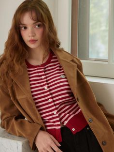 Composition : RAYON 51% NYLON 28% SPAN 21%Country of Origin : China Striped Sweater For Work, Striped Cardigan For Workwear, Chic Striped Outerwear With Button Closure, Chic Striped Winter Outerwear, Knitwear Cardigan, Striped Knit, Knit Cardigan, Knitwear, The Originals