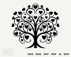 a black and white tree with hearts on it