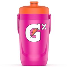 a pink cup with an orange lid and the letter g on it's side