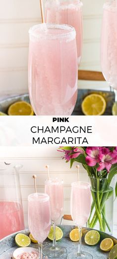 pink champagne margaritas with lemon wedges and flowers