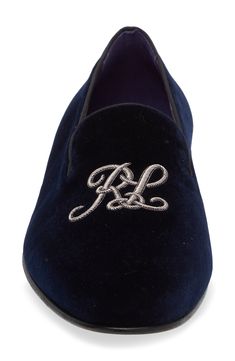 An ornately embroidered monogram logo details this luxurious loafer that's fashioned from sumptuous velvet and finished with a diamond-quilted lining. Textile upper/textile and leather lining/leather sole Made in Italy Designer Shoes Luxury Silver Loafers With Round Toe, Luxury Silver Loafers For Formal Occasions, Luxury Silver Loafers For Galas, Silver Luxury Loafers For Galas, Velvet Loafers Mens, Velvet Loafers, Embroidered Monogram, Purple Label, Ralph Lauren Purple Label