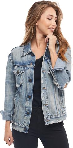 PRICES MAY VARY. Classic and Time-Honored - This denim jacket women love is a merger of comfort & style, offering the ideal fit that accommodates more shapes and sizes. Quality and Durability - Made from a Cotton/Lyocell blend, these jean jackets for women are designed with durability and comfort in mind. They're non-stretch yet have an easy fit with slim arms and dropped shoulders to ensure a relaxed body fit. Perfect for all-season styling versatility, consider sizing up if looking to layer th Vintage Tomboy, Jean Jackets For Women, Fitted Denim Jacket, Distressed Jean Jacket, Distressed Jacket, Ootd Inspo, Wardrobe Classic, Denim Crafts, Blue Jean Jacket