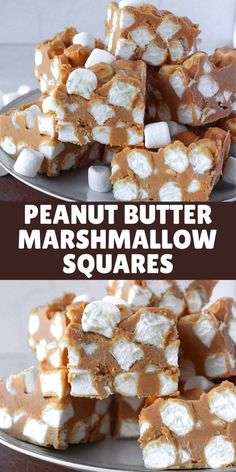 peanut butter marshmallow squares are stacked on top of each other with marshmallows in the middle