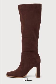 Strut into any room with effortless style with the Lulus Ceceliaa Dark Brown Suede Square Toe Knee-High Boots! Soft faux suede shapes these must-have boots that start with a squared-toe upper that rises to 16"" knee-high shaft with a 15"" circumference and an 18"" zipper at the instep. A sculpted block heel completes the effortlessly chic design! 3. 75" sculpted block heel. Lightly cushioned insole. Felted rubber sole has nonskid markings. All Man Made Materials. Imported. Lulus | Ceceliaa Dark How To Style Knee High Boots, Brown Knee Boots, Fall Heels, Business Casual Fall, Lulu Fashion, Square Toe Boots, Suede Boots Knee High, Brown Heels, Heel Boots