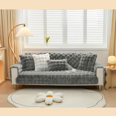 a living room scene with focus on the couch and pillows in front of the window