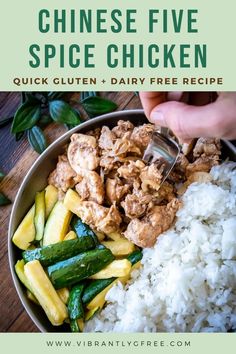 a bowl filled with rice and chicken next to green beans, cucumbers and other vegetables