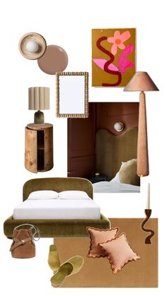 a collage of furniture and decor items including a bed, lamp, mirror, lampshade