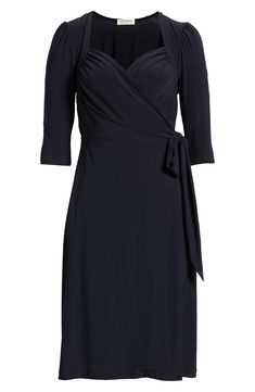 Sultry and stretchy, this timeless midi dress is perfected by a sweetheart neckline and puffed shoulders for retro allure. 40" length Sweetheart neck Elbow-length sleeves 95% polyester, 5% spandex Machine wash, dry flat Made in the USA of imported fabrics Fitted Ruched Midi Dress For Work, Elegant Mid-length Dress With Fitted Bodice, Ruched Midi Dress For Date Night, V-neck Elastane Dress With Flattering Silhouette, Fitted Ruched Midi Dress, Elegant Ruched Wrap Dress For Cocktail, Elegant Ruched Cocktail Wrap Dress, Knee-length Midi Dress With Gathered Sleeves For Evening, Fitted Evening Puff Sleeve Dress With Draped Sleeves