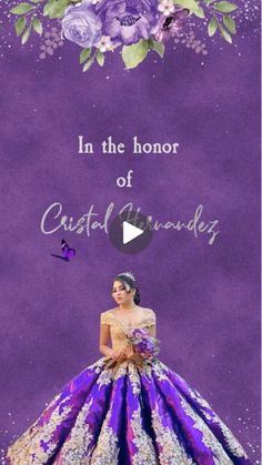 a woman in a purple dress with flowers on it and the words, in the honor of