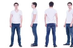 four different views of a young man in white t - shirt and jeans, standing with his hands in his pockets