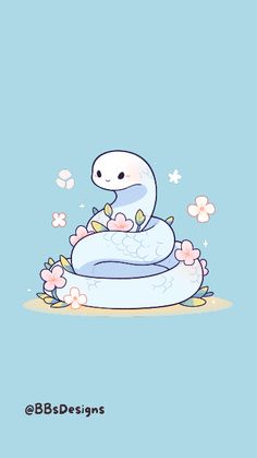 a cartoon snake sitting on top of a pillow with flowers around its neck and eyes