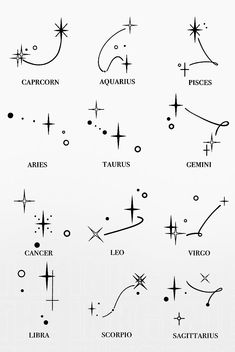 Star zodiac signs for tattoo ideas! Tattoo Ideas For Zodiac Signs, Zodiac Sign Back Tattoo, Tattoo According To Zodiac Sign, May Zodiac Sign Tattoo, Zodiac Sign Hand Tattoo, Celestial Zodiac Tattoo, Tattoo For Zodiac Sign, November Sign Tattoo, Two Zodiac Sign Tattoos