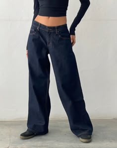 Indigo Extra Wide Low Rise Jeans | Roomy – motelrocks-com-us Low Wide Jeans, Dark Blue Clothes, Indigo Jeans, Jean Large, Bandeau Dress, Body Con Skirt, 가을 패션, Low Rise Jeans, Low Waisted