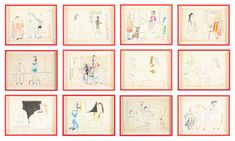 nine drawings in red frames on a white background, each with an individual's drawing