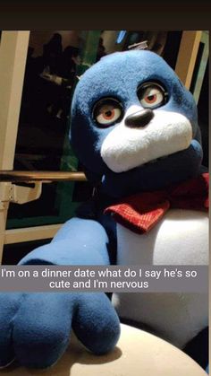 a blue stuffed animal sitting on top of a table