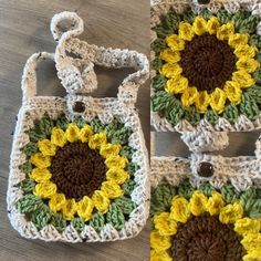 crocheted sunflower purses are sitting on a table with the same pattern