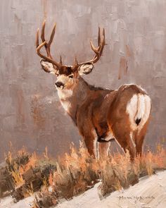 a painting of a deer standing on top of a hill