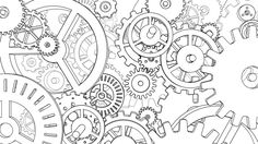 an abstract drawing of gears and cogs in black and white, with the word time on