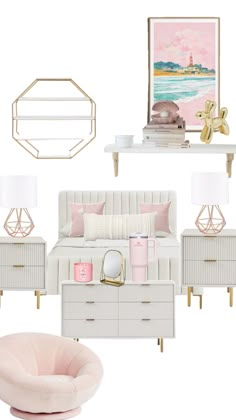 pink and white bedroom with gold accents