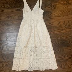 Beautiful Lace Detailing. Linen Lining, Midi In Length. Straps Are Adjustable With White Button. Size 1 White Lace Sundress, Lace Sundress, Maje Dress, White Lace, Sundress, Color White, Midi Dress, Womens Dresses, Lace