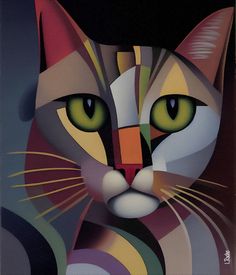 a painting of a cat with green eyes