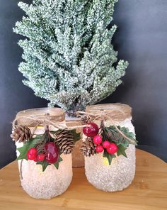 two mason jars decorated with holly berries and pine cones