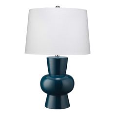 a blue table lamp with a white shade on the base and a light in the middle