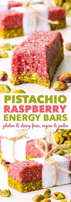 raspberry energy bars are stacked on top of each other