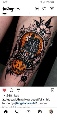 a person with a halloween themed tattoo on their arm, and an image of a house in