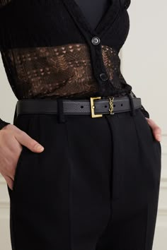 Those who believe style is all in the details won't want to miss SAINT LAURENT's belt. It's made from timeless and versatile black textured-leather and has the house's iconic 'YSL' hardware. Ysl Belt Outfit, Luau Costume, Ysl Outfit, Ysl Runway, Designer Wishlist, Workwear Women, Corporate Outfit, Hawaiian Clothing, Professional Workwear