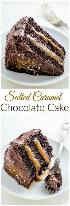 two pictures of a chocolate cake with frosting and caramel