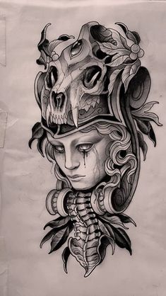 a drawing of a woman with a skull on her head