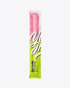 an energy bar with pink and green wrapper on the top, in front of a white background