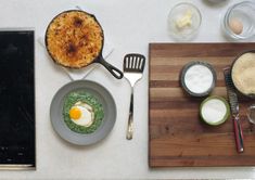 an overhead view of some food on a table