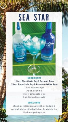 an advertisement for a cocktail bar with blue drinks in front of the ocean and palm trees