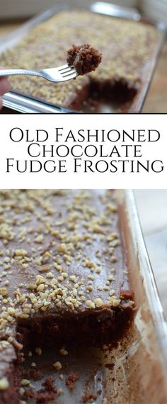 an old fashioned chocolate fudge frosting is being spooned into the cake with a fork