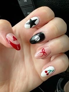 Fun Nails Easy, Darts Nails, Red Cherry 8 Ball Nails, How To Do A Bow On Nails, Mismatching Nails, 8 Ball Cherry Nails, Easy Cherry Nails, Cherry Bow Nails, Cute Back To School Nail Ideas